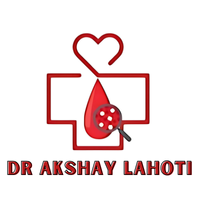 Logo of Dr. Akshay Lahoti, Hematologist in Indore, featuring a red medical cross with a heart, blood drop, and magnifying glass symbolizing blood disorder care.