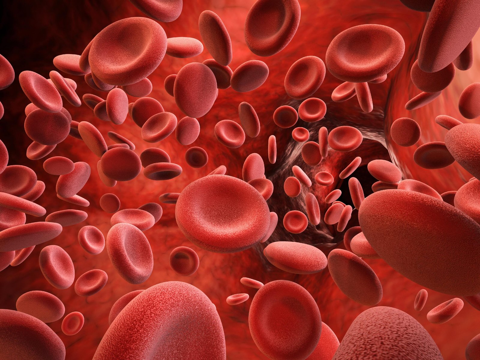 A magnified 3D illustration of numerous red blood cells flowing through a blood vessel, with a sense of depth and movement.