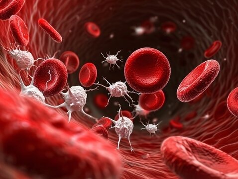 A 3D medical illustration showing red blood cells and white blood cells flowing together within a blood vessel.