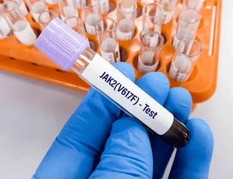 A close-up photo of a medical test tube labeled "JAK2(V617F) - Test" held by a hand in a blue medical glove, with other test tubes in the background.