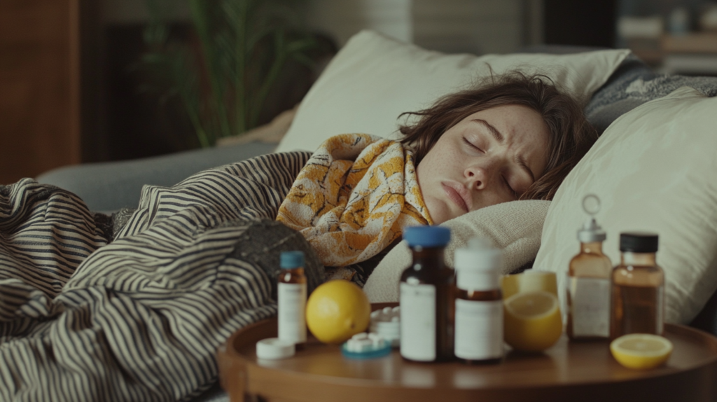 A photo of a young woman lying in bed, appearing sick, with bottles of medication, lemons, and a drink on a table in the foreground.